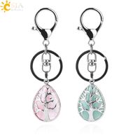Wholesale CSJA Fashion Water Drop Keychains Key Ring Key Holder Reiki Natural Stone Amethyst Lava Tree of Life Pendant for Car Motorcycle Bag F400