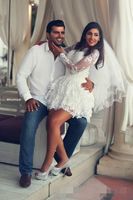Wholesale Lace Short Mini Wedding Dresses Beach Lace Long Sleeve Sheer Back A Line Sexy Saudi Arabia Short Bridal Gowns for Party Dresses
