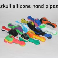 Wholesale Skull Shape Silicone Smoking hand pipes Hookahs smoke pipe with thick bowl glass waterpipe dab rigs free DHL