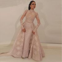 Wholesale 2018 High Neck Mermaid Prom Dresses Detachable Train Blush Pink Full Lace Appliqued Illusion Bodice Long Sleeves Formal Evening Gowns BA95