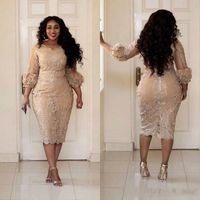 Wholesale New Arival Champagne Lace Plus Size Mother of the Bride Dresses Long Puff Sleeve Sheath Tea Length Evening Dress Party Dresses