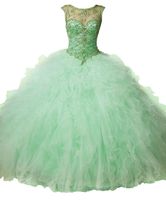 Wholesale High Quality Grass Green Long Ball Prom Dresses Puff Skirt Tulle Round Neck Strap Back Heavy Handmade Beaded Evening Dresses DH033