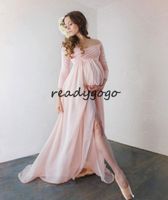 Wholesale Attractive Chiffon Maternity evening Dresses With Long Sleeves blush Split Front Pregnant Gown Off The Shoulder Custom Made Maxi Dress