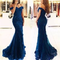 Wholesale Short Sleeves Dark Green Charming Mermaid Evening Gowns Off the Shoulder Beaded Lace Appliques Royal Blue Prom Dress