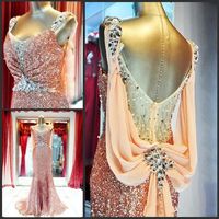 Wholesale 2020 New Sexy Prom Dresses Shining V Neck Sequins Ruched Rhinestone Beaded Column Sweep Train dresses party Evening Gowns Cheap Price