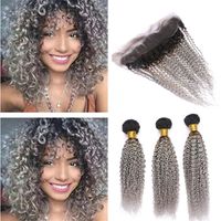Dark Roots Gray Ombre Kinky Curly Virgin Hair Weave Bundles With Frontal Closure 1b Grey Ombre Indian Human Hair Wefts And Lace Frontal