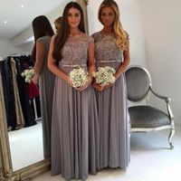 Wholesale Grey Chiffon Long Bridesmaid Dresses Jewel Neck Capped Sleeves Lace Applique Floor Length Maid of Honor Dress A Line Plus Size Prom Dress