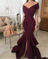 Wholesale Burgundy Sexy Formal Evening Dresses Elegant Off Shoulder Elastic Stain Split Ruched Mermaid Prom Party Gowns Plus Size