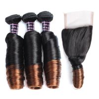 Wholesale Ishow Ombre Brazilian Peruvian Bouncy Curly Hair quot quot Free Part T1B Remy Human Hair Bundles With Closure for Women Girls All Ages Brown Color