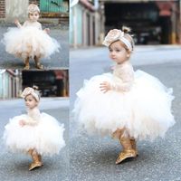 Wholesale 2020 Ball Gown Tulle Baby Infant Flower Girls Dresses for Weddings with Lace Long Sleeves Toddler Pageant Party Gowns Custom Made