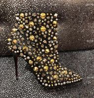 Wholesale 2018 new arrival sequin leather ankle boots point toe rivets booties mujer boats zip up martin boots spike stud boots ladies red sole