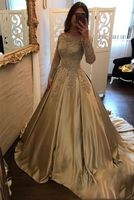 Wholesale Gold Dresses Off the shoulder Evening Formal Dress With Lace Long Sleeves New Arrivals Satin Princess A line Illusion Prom Dresses