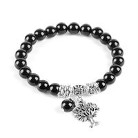 Wholesale Healing Natural Black Onyx Beaded Stretch Bracelets for Men Mala Yoga Beads Antique Silver Tree of Life Charm Jewelry