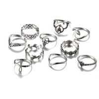 Wholesale 10pcs Set Antique Silver Color Cross Crown Crystal Rhinestone Finger Rings For Women Hollow Flower Midi Knuckle Ring Set Jewelry