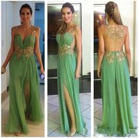 Wholesale New Style V neck Red Carpet Dresses Evening Wear Green Chiffon Gold Applique Beading Hollow Prom Dresses African Dress