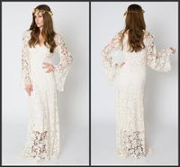 Wholesale Newest Vintage Inspired Bohemian Wedding Gown BELL SLEEVE LACE Crochet Ivory or White Hippie Wedding Dress Boho Embroidered Maxi Lace Dress