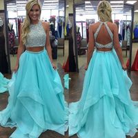 Wholesale Ice Blue Ruffles Long Two Piece Prom Dresses Sexy Beaded Graduation Party Dresses Open Back Evening Formal Gowns for Teen Girls