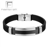 Wholesale FGifter Men s Silver Black Stainless Steel Silicone Rubber Bracelets Mens Bangle Wristbands Black Pulsera Male Jewelry