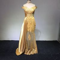 Wholesale Off The Shoulder Long Evening Dresses Arabic Golden Tulle Applique Ruched Beaded Floor Length Pageant Formal Party Prom Gowns DH4210