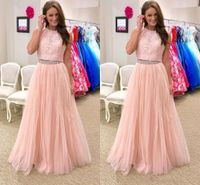 Wholesale Two Pieces Pink Prom Dresses Small Round Neck Beaded Lace Beadings Waist Tulle Skirt A Line Floor Length Evening Dress Party Gown Custom