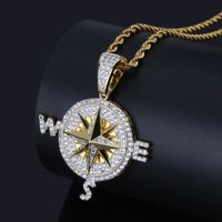Wholesale Iced Out Bling Cubic Zircon Compass Necklace Pendant Chain High Quality Hip Hop Gold Silver Color Charm Jewelry Gifts