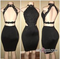 Wholesale 2018 New High Neck Black Lace Sheath Mini Cocktail Party Dresses Halter Sleeveless Backless Cutaway Sides Short Homecoming Dresses