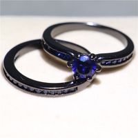 Wholesale Women Fashion Handmade Black Gold Filled Jewelry ct Blue Sapphire Prong Setting Wedding Finger Ring Set For Bride Size