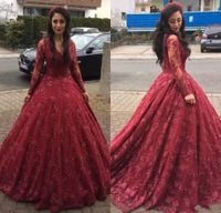 Wholesale 2018 Cheap Burgundy Quinceanera Ball Gown Dresses V Neck Full Lace Crystal Long Sleeves Sweet Plus Size Party Dress Prom Evening Gowns