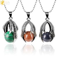 Wholesale CSJA Hot D Vintage Tribal Dragon Claw Stainless Necklace Pendant Gothic Handmade Men Jewelry Round Natural Gemstone Ball Necklaces E454 A