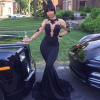 Wholesale African Black and Gold Prom Dresses Mermaid High Neck Lace Satin Sexy See Through Open Back Long Sleeve Prom Evening Gowns