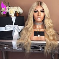Wholesale Hotselling brown roots ombre Blonde Wig Long wavy Simulation Human Hair Wig High Temperature Glueless Synthetic Lace Front Wig For Women
