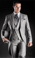 Wholesale High Quality Morning Coat Light Grey Groom Tuxedos Peak Lapel Groomsmen Men Wedding Jacket Pants Vest Tie Kerchief