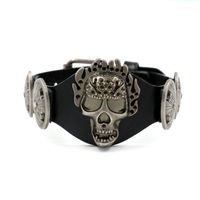 Wholesale Genuine Leather Skeleton Skull with Fire Stainless Steel Bracelets Bangles Rock Jewelry Fashion Men s Bracelet