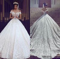Wholesale 2019 New Vintage Lace Wedding Dresses Sexy Off the Shoulder Short Sleeves Applique Sweep Train A Line Bridal Gowns Custom Made