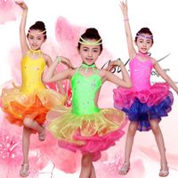 Wholesale Bright Color Stage Performance Girls Costumes Latin Dance Clothing Sequin Dress Kids Latin Salsa Dresses Samba Dance Costumes