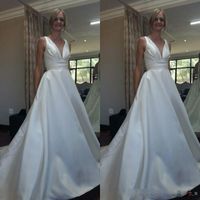 Wholesale Sexy Plunging Deep V Neck Simple Elegant A Line Wedding Dresses Sleeveless Open Back Satin Bridal Gowns with Court Train Cheap