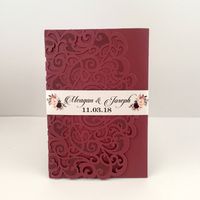 Wholesale 2019 Marsala Burgundy Pocket Wedding Invitations Die Cut Shimmy Trifold Wedding Invites with Belly Band Color Provide Free Printing