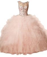 Wholesale Coral Peach Sheer Crystal Beading Rhinestone Ruffled Tulle Ball Gown Sweet Dresses Lace up Backless Ball Gown Quinceanera Dresses