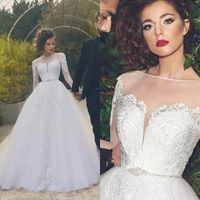 Wholesale 2019 Modest Wedding Dresses Long Sleeves A line Arabic Sheer Bateau Neck Lace Appliques Tulle Beaded Waist Bridal Gowns High Quality
