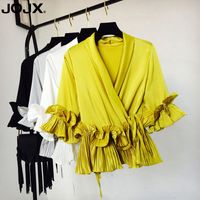 Wholesale JOJX Solid Ruffles Patchwork Mujer womens tops and Blouse New V Neck Chiffon Sashes Shirts Female Women clothing