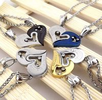 Wholesale I love you male and female couples crystal diamond stainless steel two in one heart shaped necklace pendant jewelry set