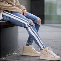 Wholesale Mens Blue Ripped Holes Jeans Side Striped Skinny Straight Slim Elastic Denim Fit Jeans Male Fashion Long Trousers Jeans