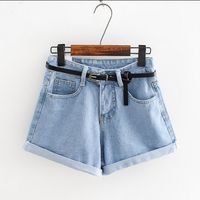 Wholesale 2018 Womens Brand Newest Spring Summer Short Jeans Mid Waist Denim Blue Button With Pockets and Belt Cuffed Shorts
