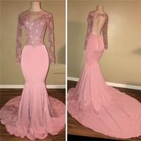 Wholesale Sheer Neck Long Sleeves Prom Dresses Mermaid Sexy Pink Open Back Evening Party Gowns Arabic Special Occasion Gowns Custom Made