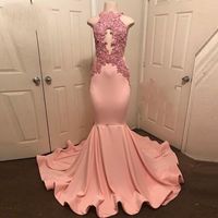 Wholesale Abiye Peach Pink Mermaid Prom Gowns Halter Neck Sleeveless Robe De Soiree Party Dress Lace Appliques Long Prom Dress Formal Dress