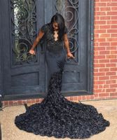 Wholesale African Black Girls Long Train Pageant Prom Gowns Elegent Scalloped Queen Anne Neck Black D Rosette Mermaid Prom Dresses