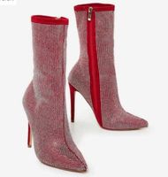 Wholesale 2018 new women diamond boots zip up women ankle booties thin heel full crystal boots ladies point toe rhinestone stud red boots
