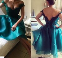 Wholesale Aqua Lace Satin Short Homecoming Dresses New Arrival A line Off Shoulders Low Back Knee Length Cocktail Prom Gowns Cheap