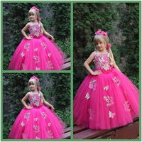 Wholesale Gorgeous Spaghetti Neck Butterfly Applique Girl s Pageant Dresses Lace Flower Girls Dresses For Weddings Sleeveless Ball Gown Kids Formal W