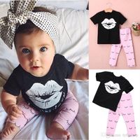 Wholesale Baby Girls Short T shirts Black White Lip Tops Children Eyes Grometric Long Pants Clothing Suits Lovely Pink Style Hot Selling Real Factory